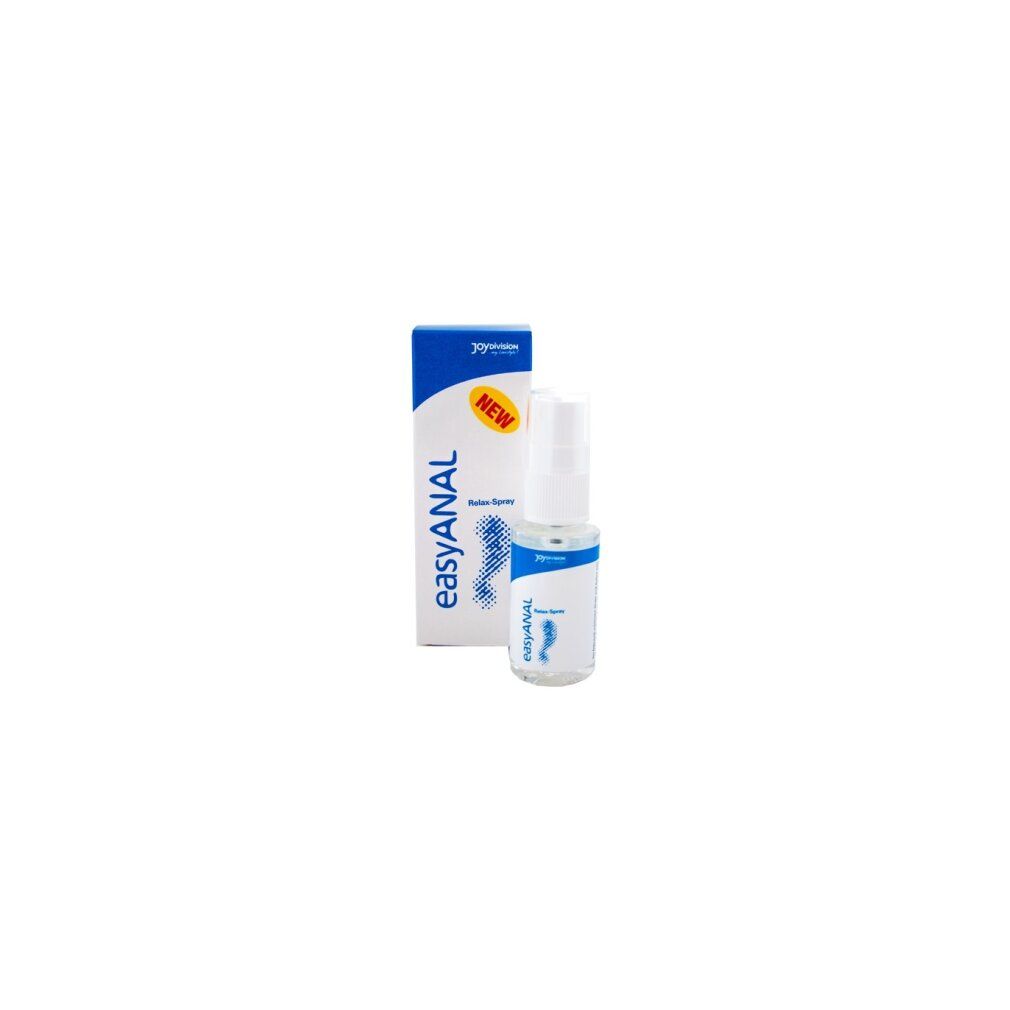 Produktverpackung und Sprühflasche. Aufschrift: easyANAL Relax-Spray. Logo: JoyDivision. Mit weißem Sprühkopf.