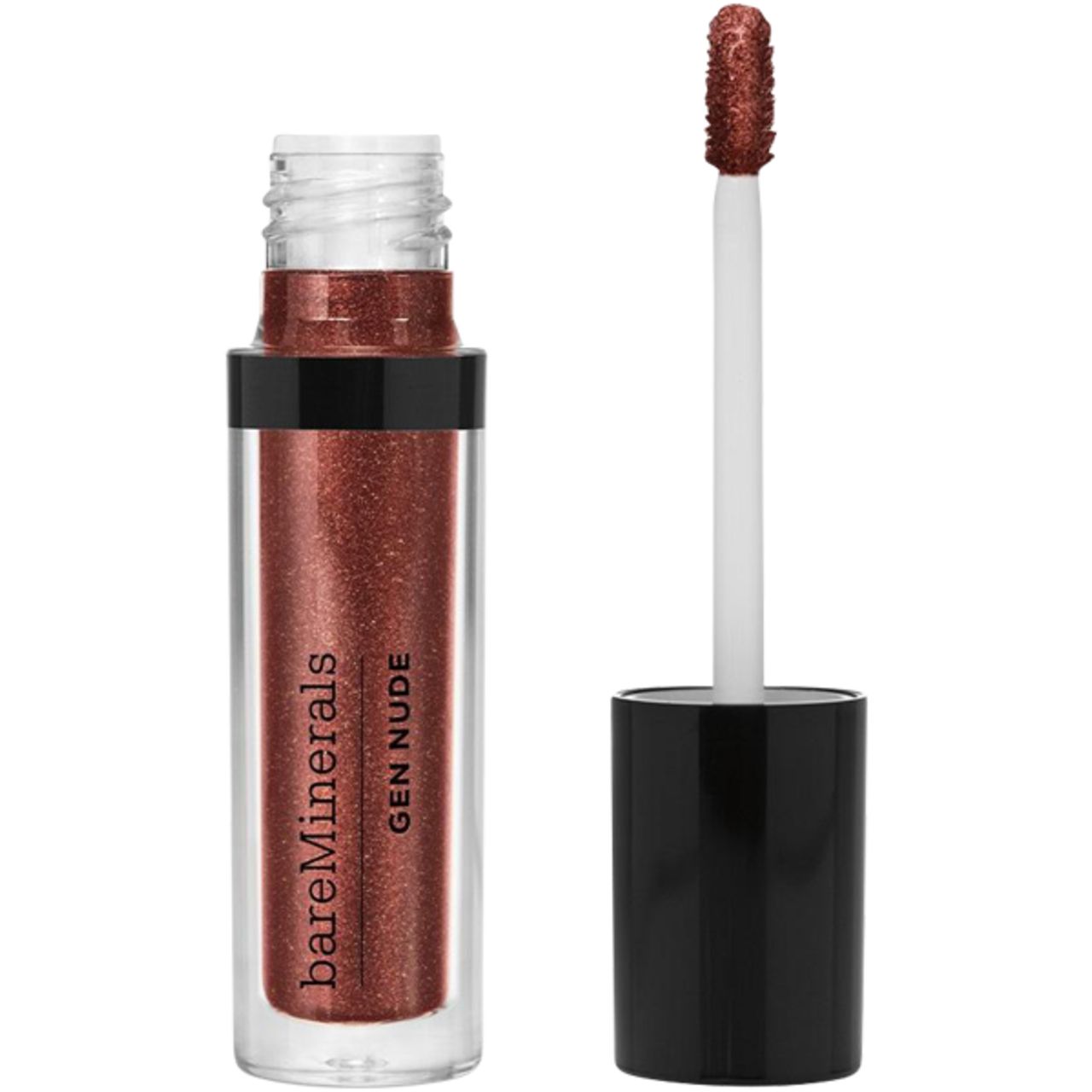 Flüssiger Lidschatten in einer transparenten Flasche. Der Applikator ist herausgezogen. Auf der Flasche steht "bareMinerals GEN NUDE".
