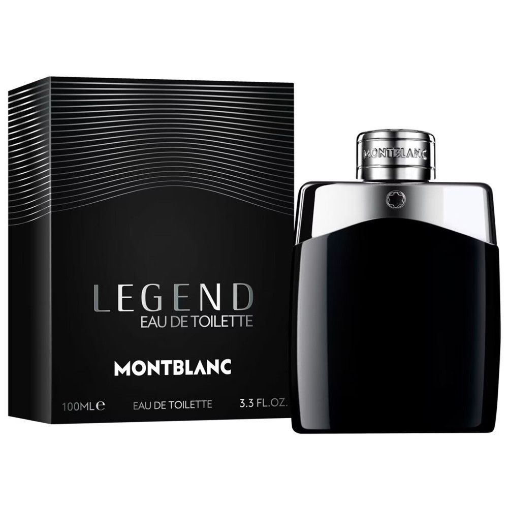 Schwarzer Flakon und Verpackung. Silberne Akzente. Schriftzug: LEGEND, MONTBLANC, Eau de Toilette. 100ml, 3.3 FL.OZ.