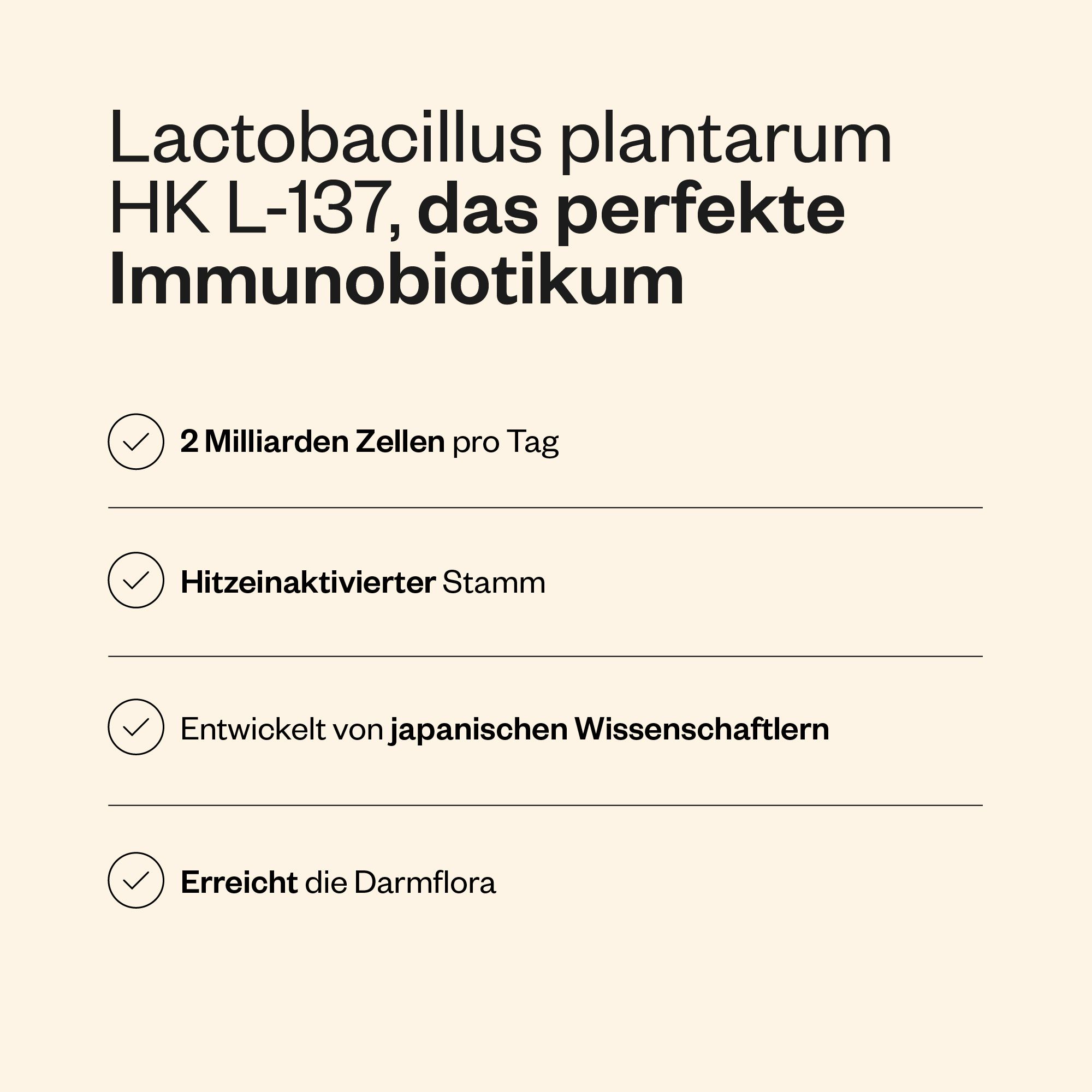 Text auf beigem Hintergrund. Überschrift: Lactobacillus plantarum HK L-137. Aufzählung von Merkmalen und Vorteilen.