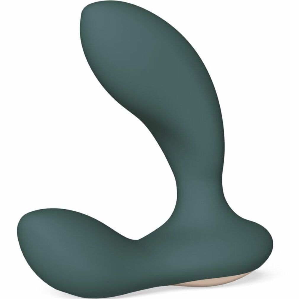 Grüner Vibrator mit geschwungener Form. Beige Basis. Glatte Oberfläche.