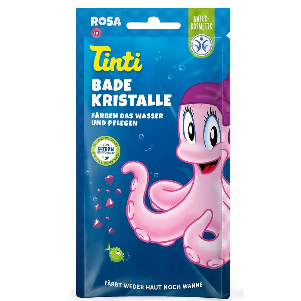 Rosa Tinti Badekristalle-Beutel. Enthält eine rosa Tintenfisch-Illustration. Text: "Badekristalle", "Färben das Wasser und Pflegen". Naturkosmetik-Siegel.