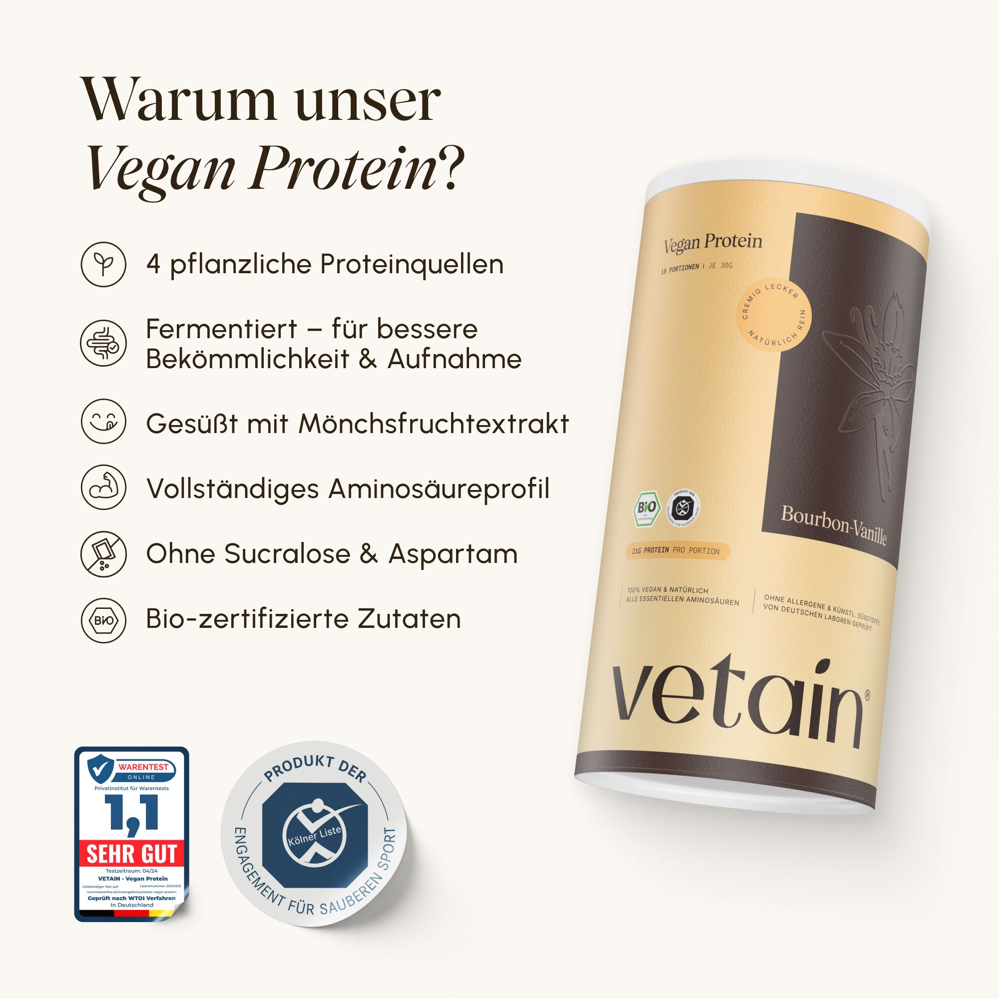 Zylinderdose Vegan Protein, Bourbon Vanille. 4 pflanzliche Proteinquellen. Bio-Siegel. Marke: Vetain.