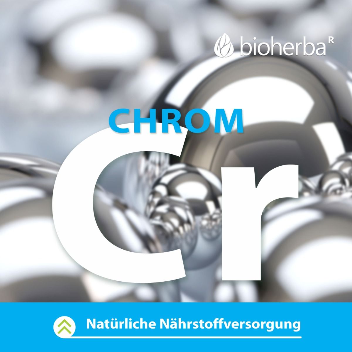 Nahaufnahme von Chrom-Kugeln. Großes weißes 'Cr' Zeichen. Text: Natürliche Nährstoffversorgung.