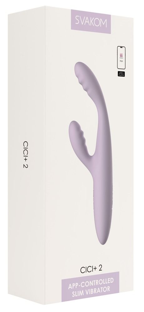 Verpackung mit lila Vibrator. Produktname: SVAKOM Cici+ 2. App-gesteuerter Slim Vibrator. Weißer Hintergrund.
