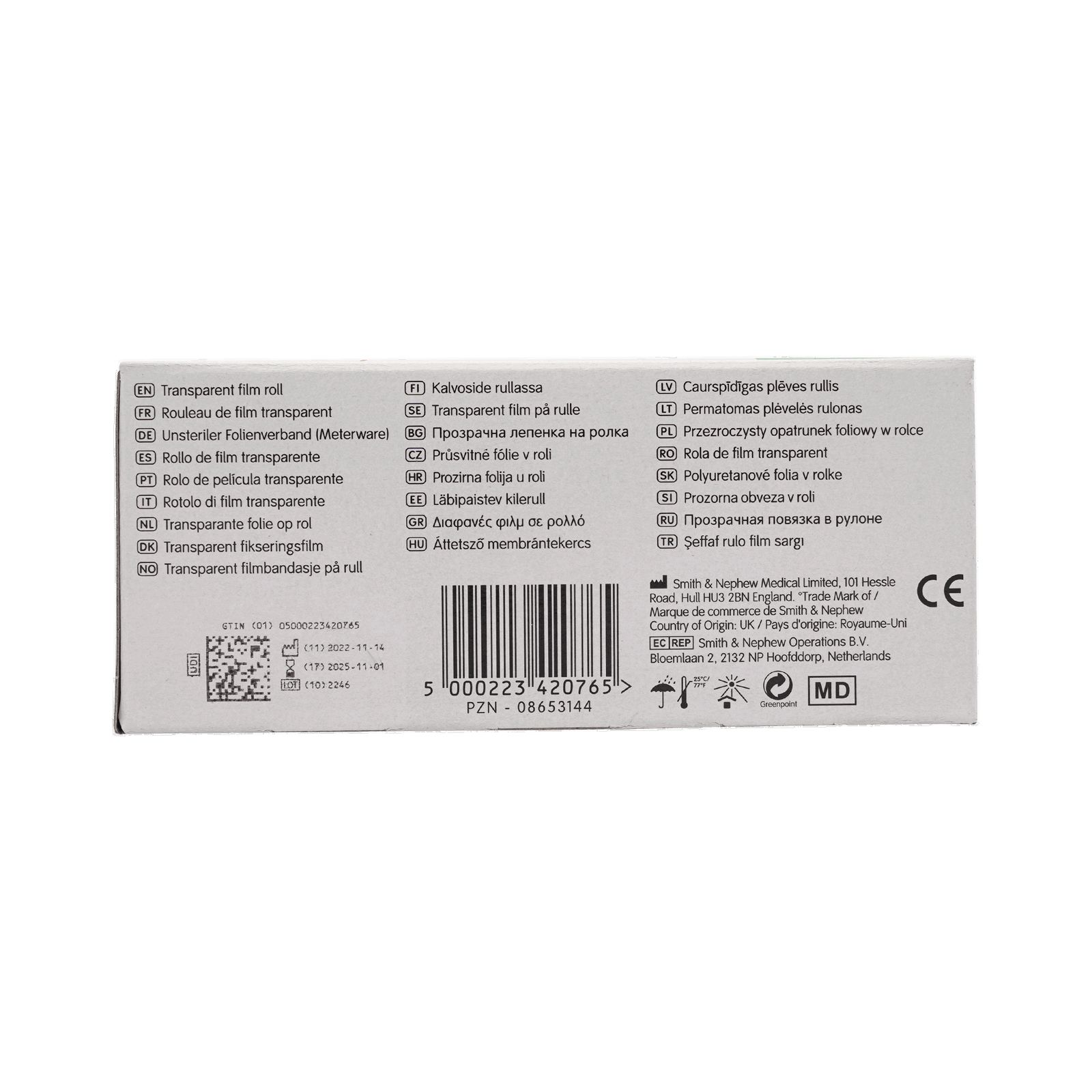 Rückseite der Verpackung mit Text in mehreren Sprachen. Herstellerinformationen und CE-Kennzeichnung.