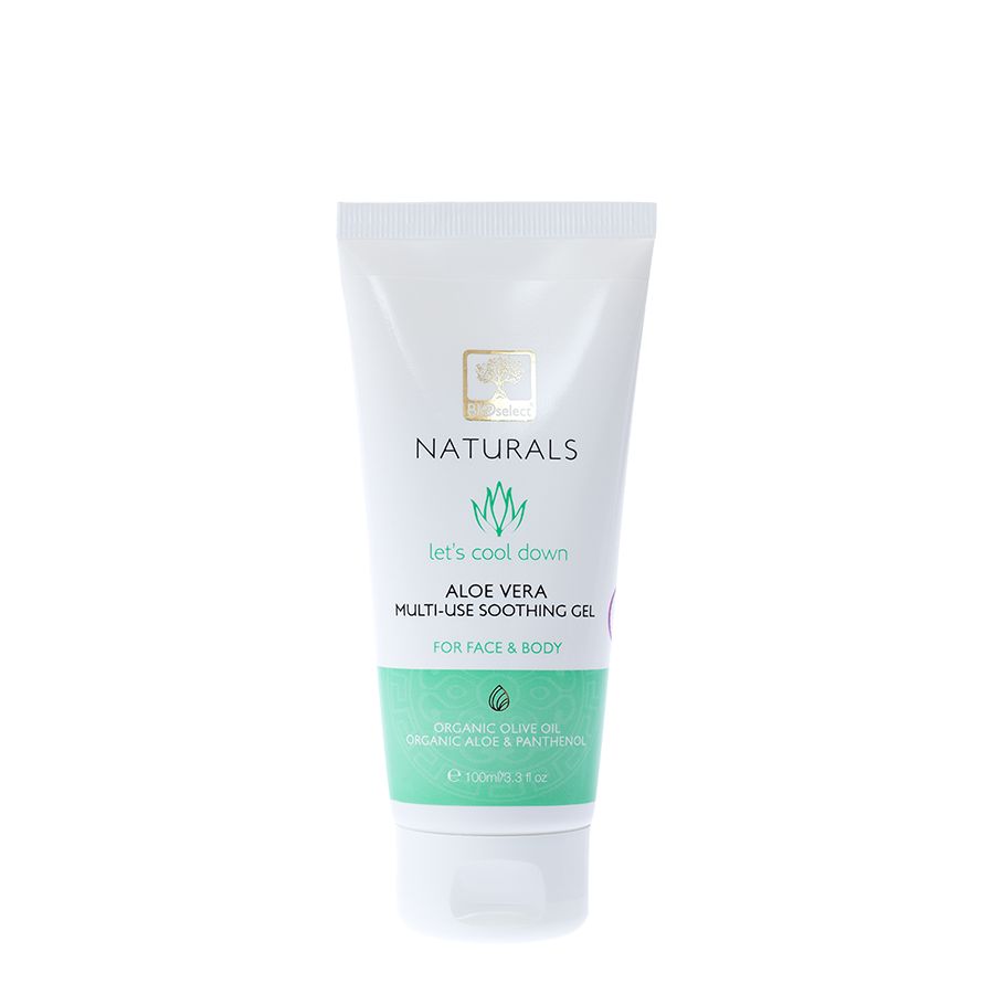 Weiß-grüne Tube mit Produktbezeichnung NATURALS, Aloe Vera Gel. Text: Let's cool down, Multi-Use Soothing Gel, For Face & Body.