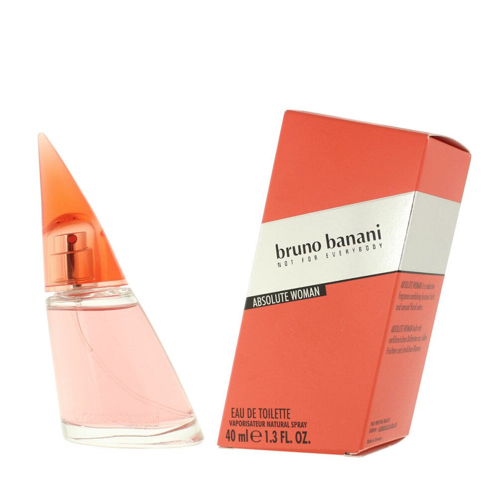 Rosa Flakon und Verpackung. Aufschrift: Bruno Banani, Absolute Woman. Flakon mit spitzem Deckel.