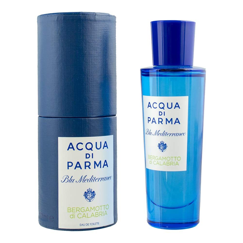 Acqua di Parma Blu Mediterraneo Bergamotto di Calabria Eau de Toilette, Flakon und Verpackung. Blau und weißes Etikett.