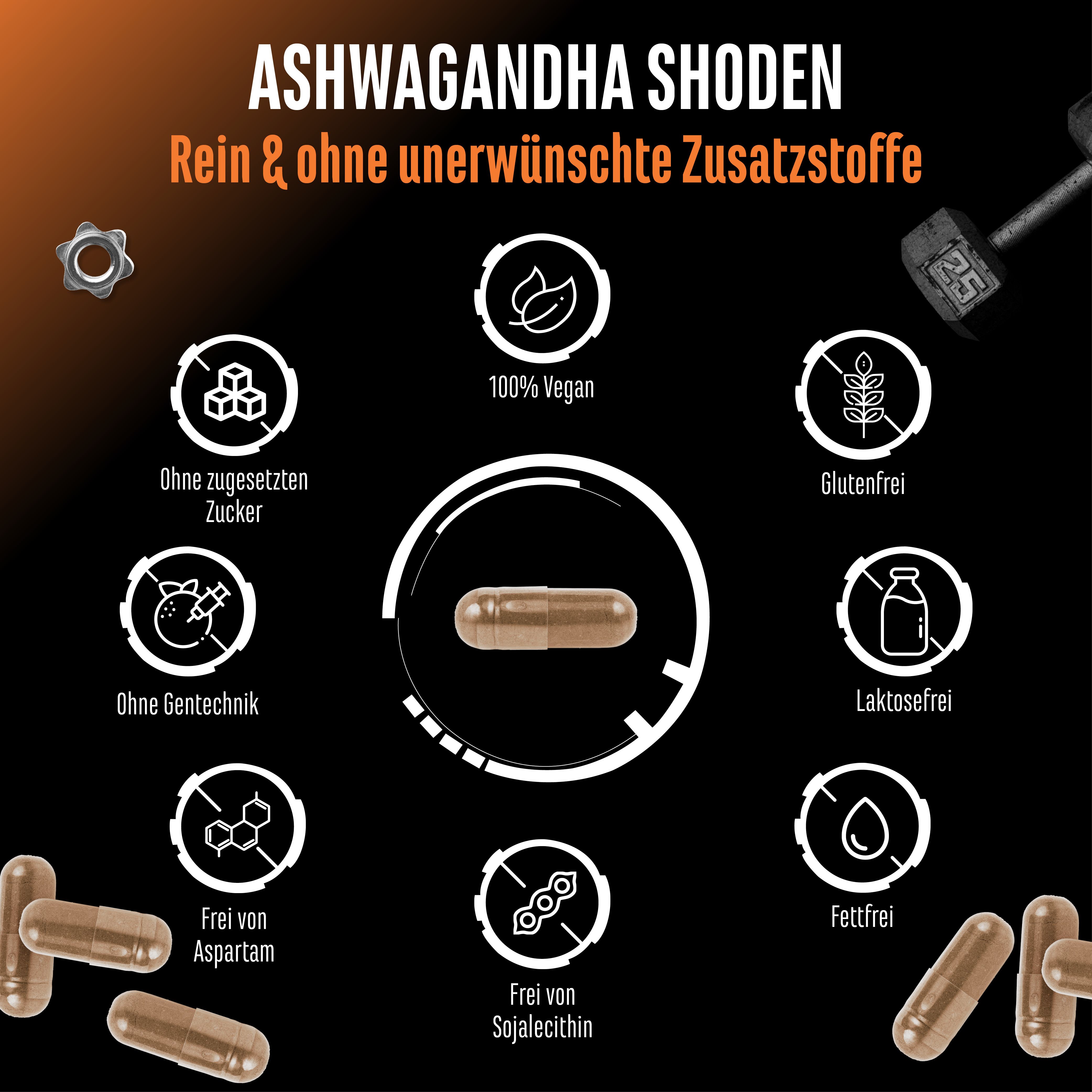 Infografik: Ashwagandha Shoden, rein & ohne unerwünschte Zusatzstoffe. Vegan, ohne Zucker, Gentechnik, Aspartam, Sojalecithin, Gluten, Laktose, Fett.