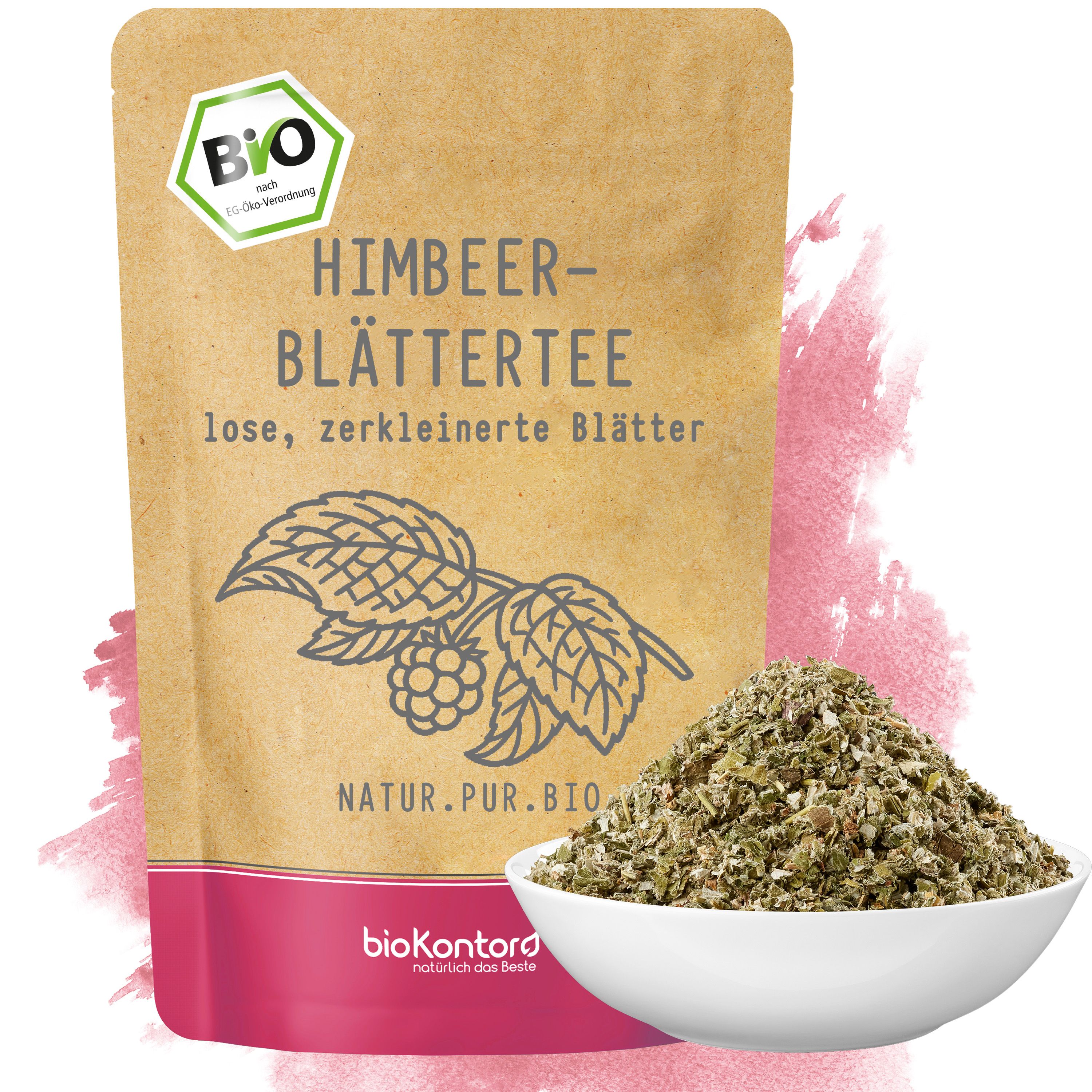 bioKontor Himbeerblättertee: Lose, zerkleinerte Blätter in einer Papiertüte mit Himbeer-Illustration und Bio-Siegel.
