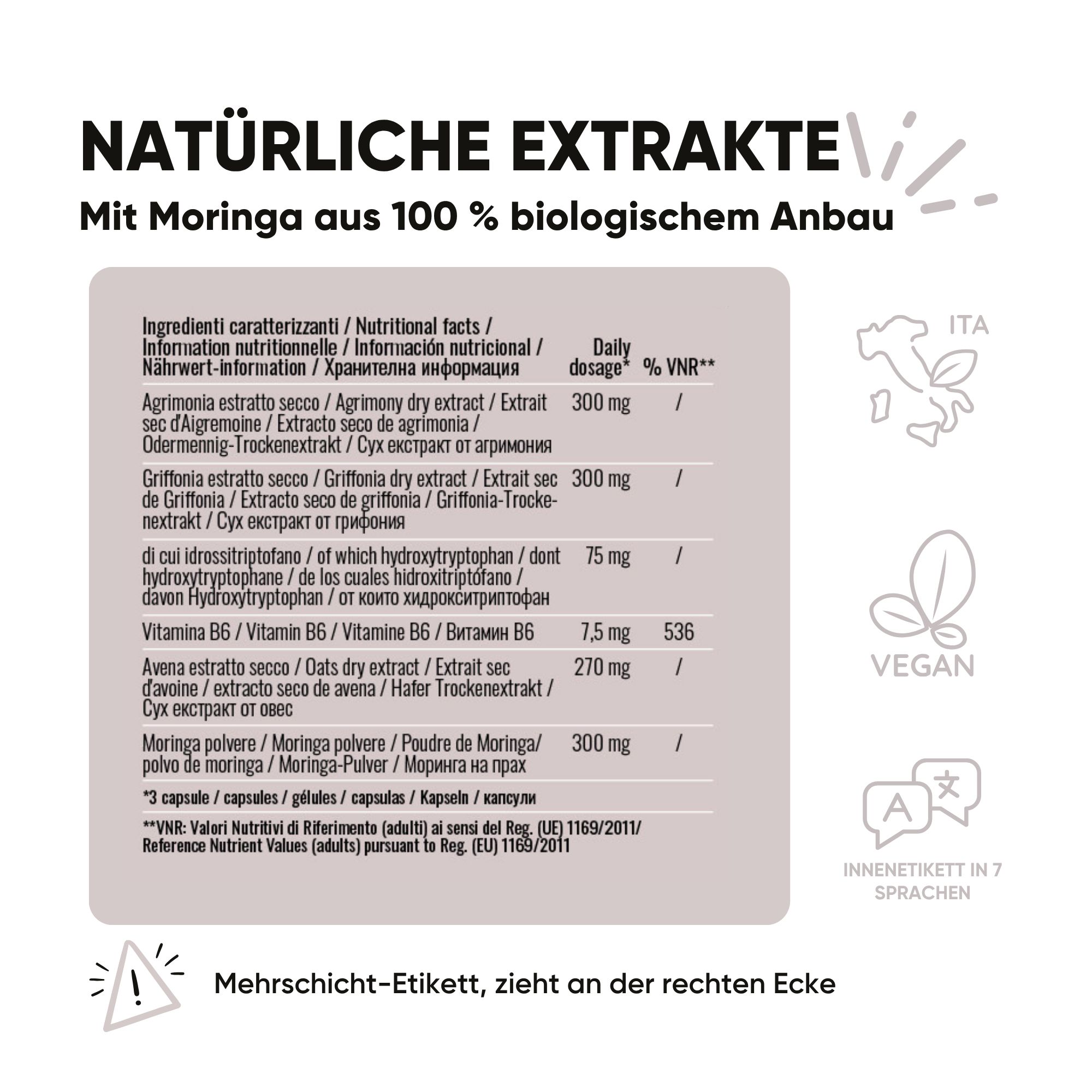 Flasche mit Kapseln. Moringa, Griffonia und Agrimonia für mentale Ausgeglichenheit.