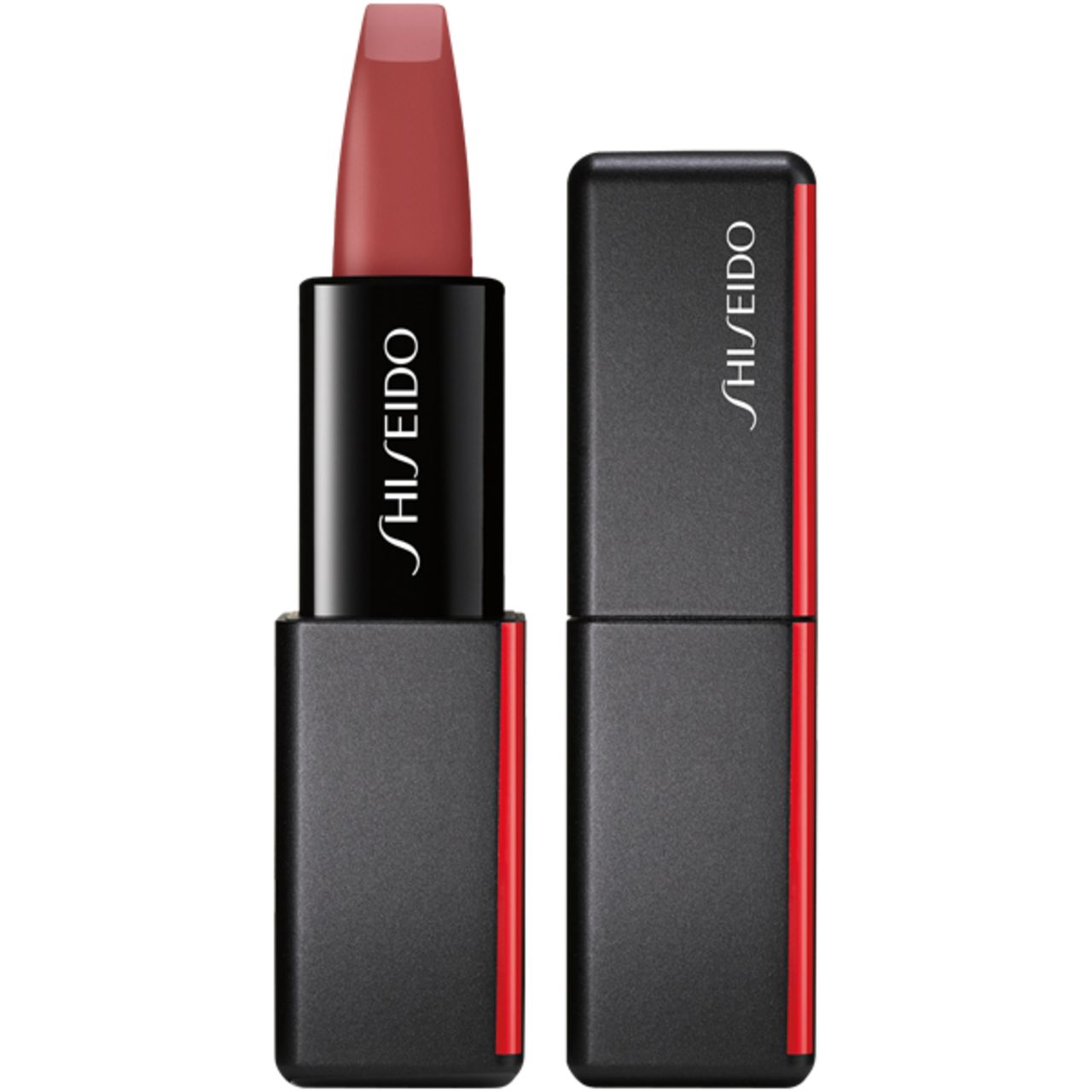 Lippenstift, offen und geschlossen. Schwarze Hülle mit rotem Akzent und Shiseido-Logo. Rosafarbener Lippenstift.