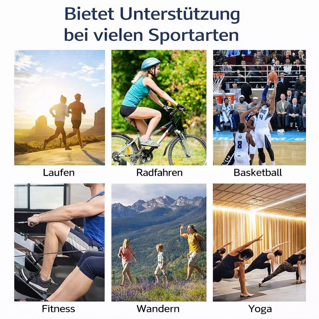 Knöchelbandage bei Sportarten: Laufen, Radfahren, Basketball, Fitness, Wandern, Yoga. Text: Unterstützung.