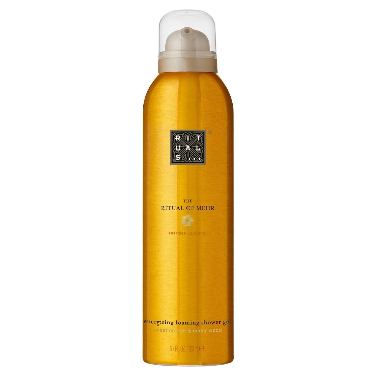 Goldfarbene Flasche mit Sprühkopf. Aufschrift: Rituals, The Ritual of Mehr. Text: energising foaming shower gel.