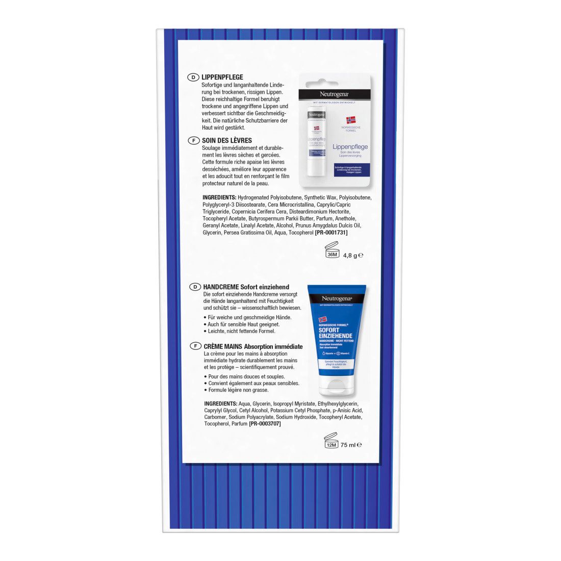 Rückseite der Geschenkverpackung mit Produktinformationen. Text in Deutsch und Französisch, Inhaltsstoffe und Anwendungsbeschreibungen.