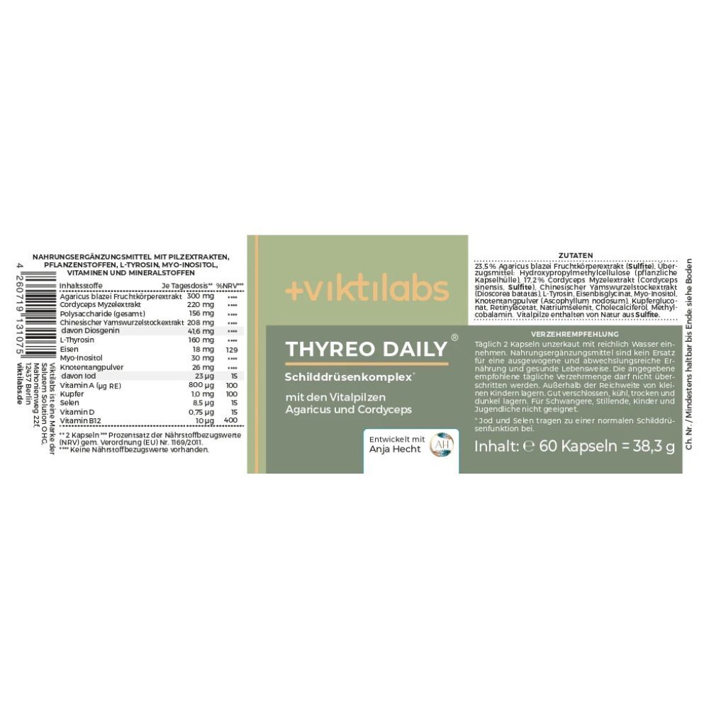 Etikett einer Flasche Viktilabs Thyreo Daily mit Inhaltsstoffen und Anwendungshinweisen.