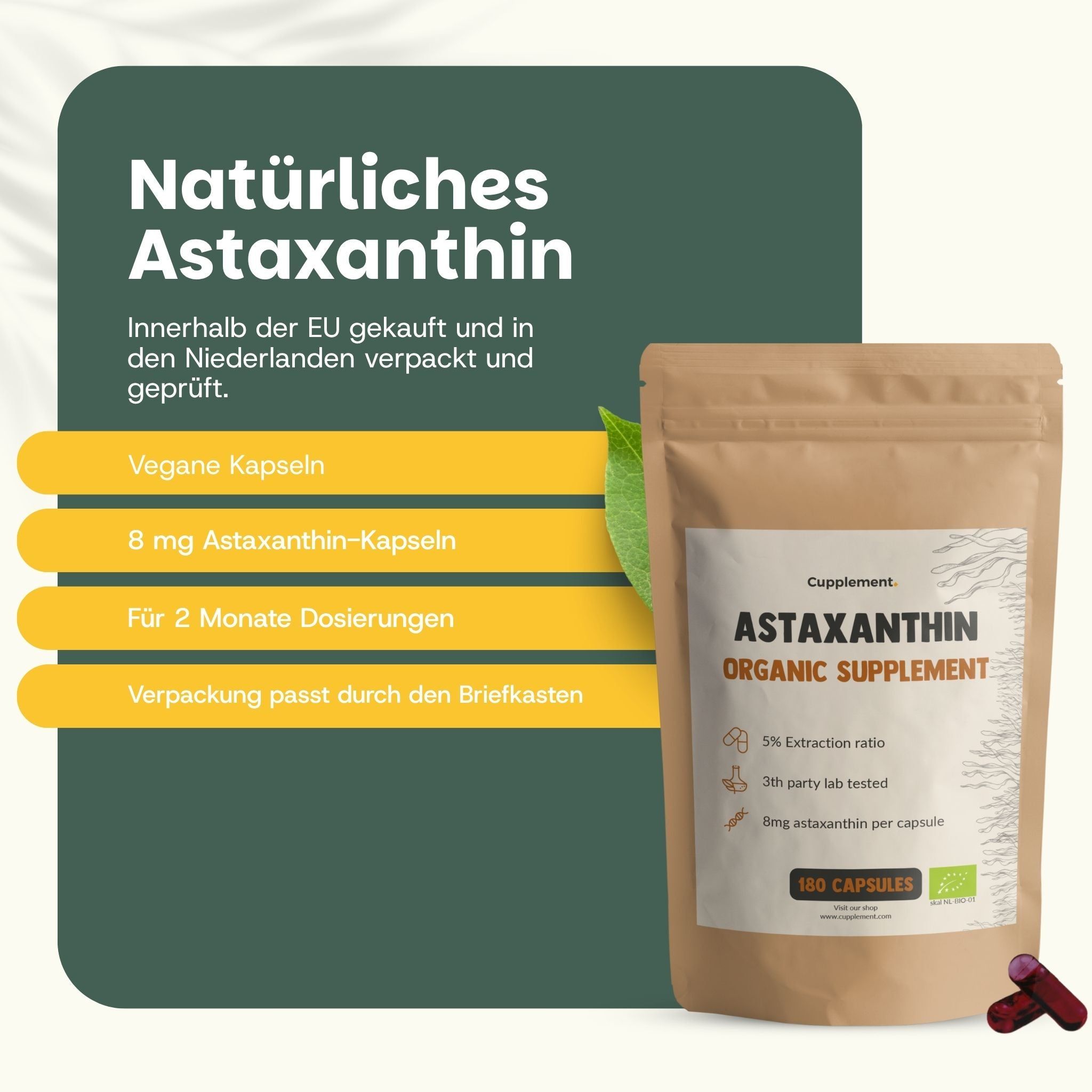 Natürliches Astaxanthin: vegane Kapseln, 8 mg, 2 Monate Dosierung, Briefkastenverpackung.