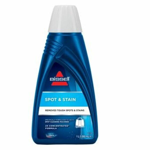 Blaue Flasche mit weißem Deckel. Aufschrift: BISSELL, SPOT & STAIN. Entfernt hartnäckige Flecken. 1L. Für Reinigungsmaschinen.