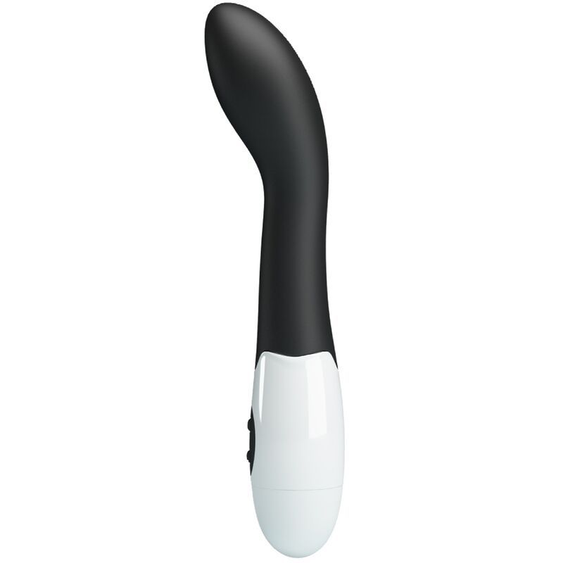 Schwarz-weißer Vibrator mit gebogener Form. Zwei Knöpfe an der Basis.