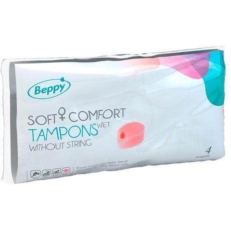 Verpackung mit Beppy Soft + Comfort Tampons ohne Faden. Enthält 4 Stück. Rosa Tampon abgebildet. Marke und Produktbezeichnung deutlich sichtbar.