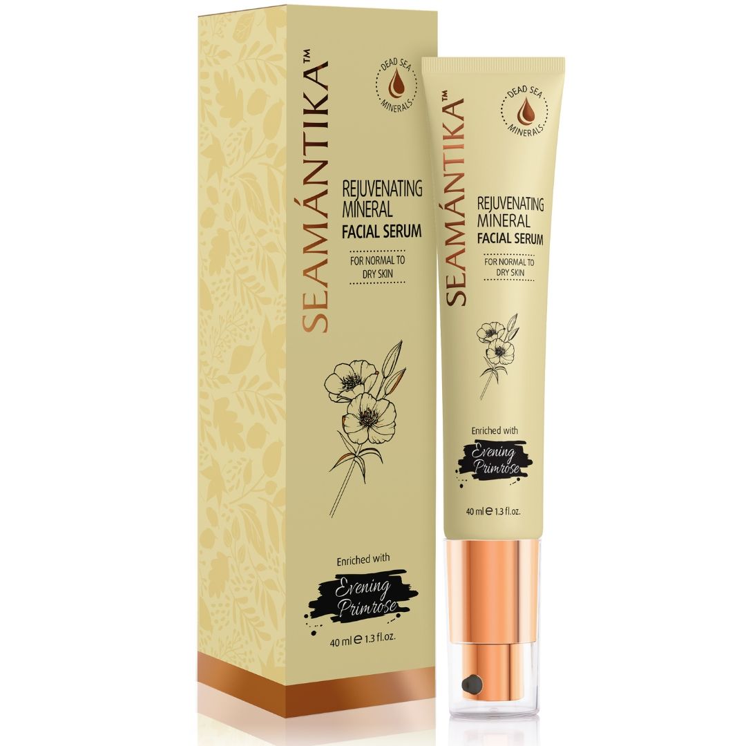 Gesichtsserum-Tube und Schachtel. Aufschrift: SEAMANTIKA, Rejuvenating Mineral Facial Serum. Enthält Nachtkerze. 40 ml.