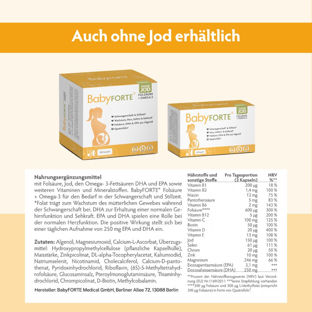 BabyFORTE Folsäure + Omega-3 Packung. Auch ohne Jod erhältlich.