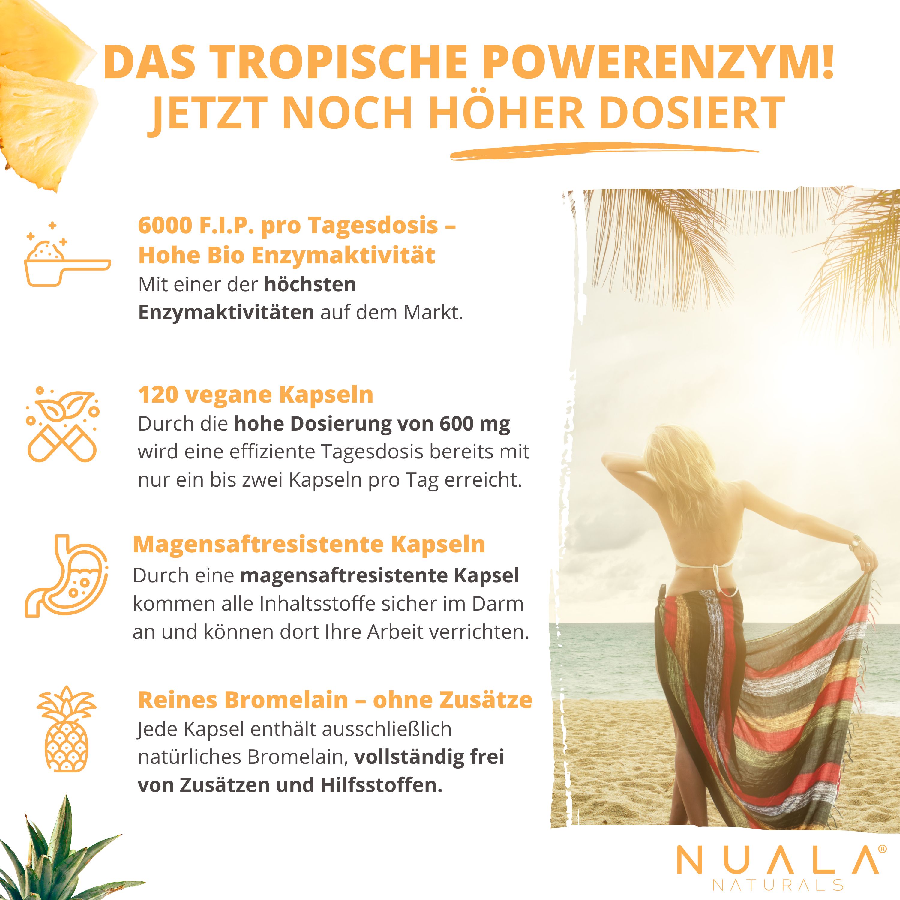 Werbung für Nuala Naturals® - BROMELAIN BALANCE. Text mit Informationen über das Produkt und eine Frau am Strand.