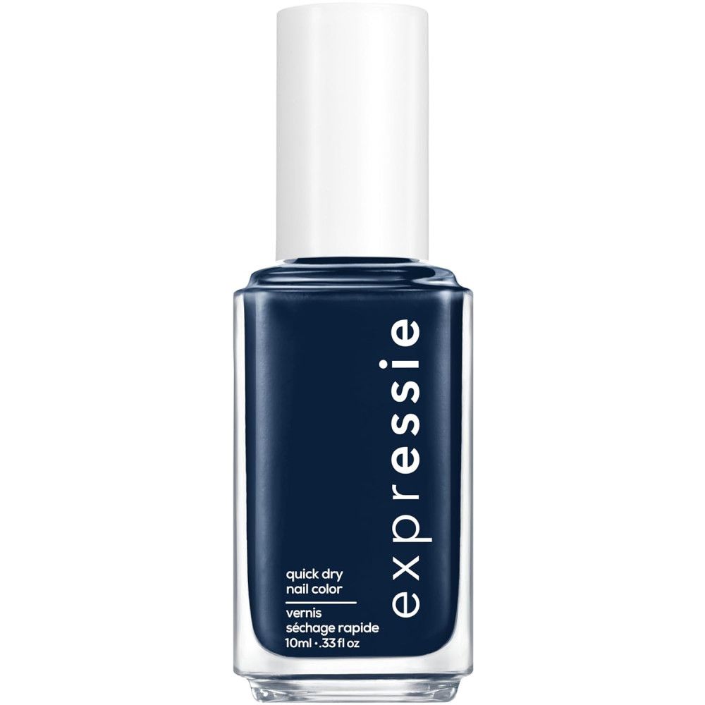 Eine Flasche dunkelblauen Nagellacks mit weißem Deckel. Auf der Flasche steht "expressie" und "quick dry nail color".