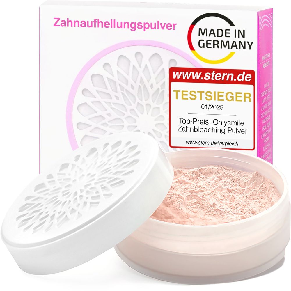 Zahnaufhellungspulver in Dose und Verpackung. Aufschrift: Made in Germany, Testsieger, www.stern.de.