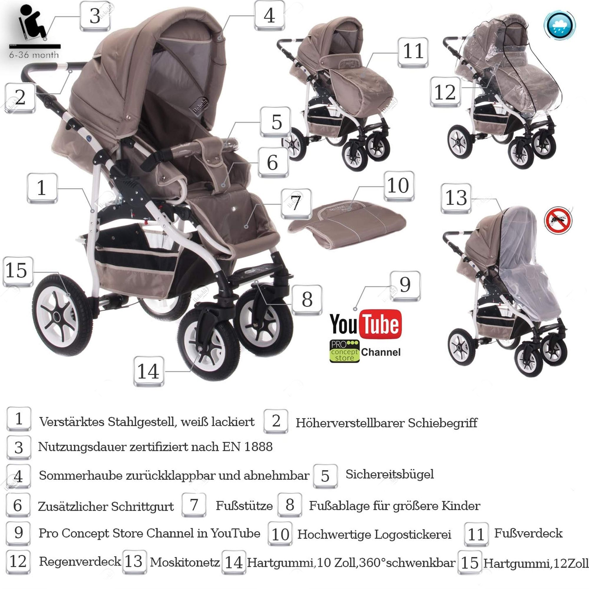 Bebebi Bellami 2 in 1 Kombikinderwagen Hartgummireifen, Bellataupe