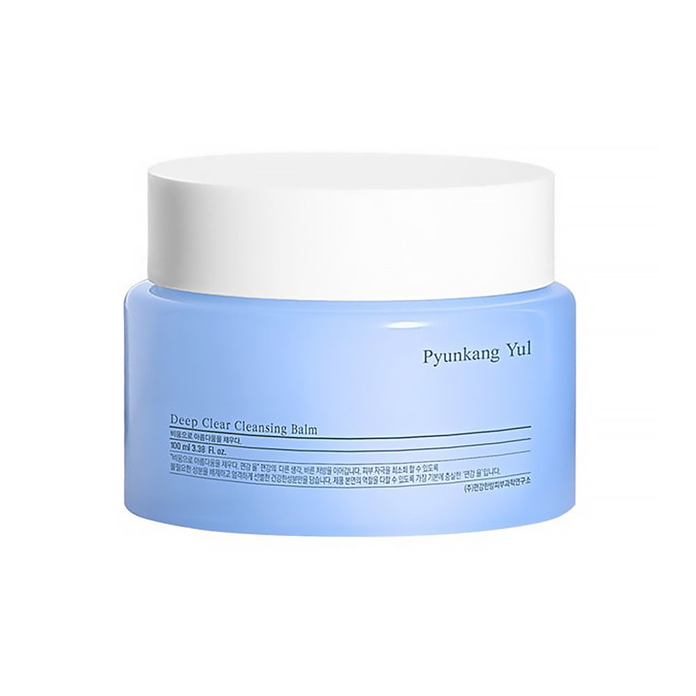 Pyunkang Yul Deep Clear Cleansing Balm in blauem Tiegel mit weißem Deckel. Enthält koreanische Schriftzeichen und englische Produktbezeichnung.