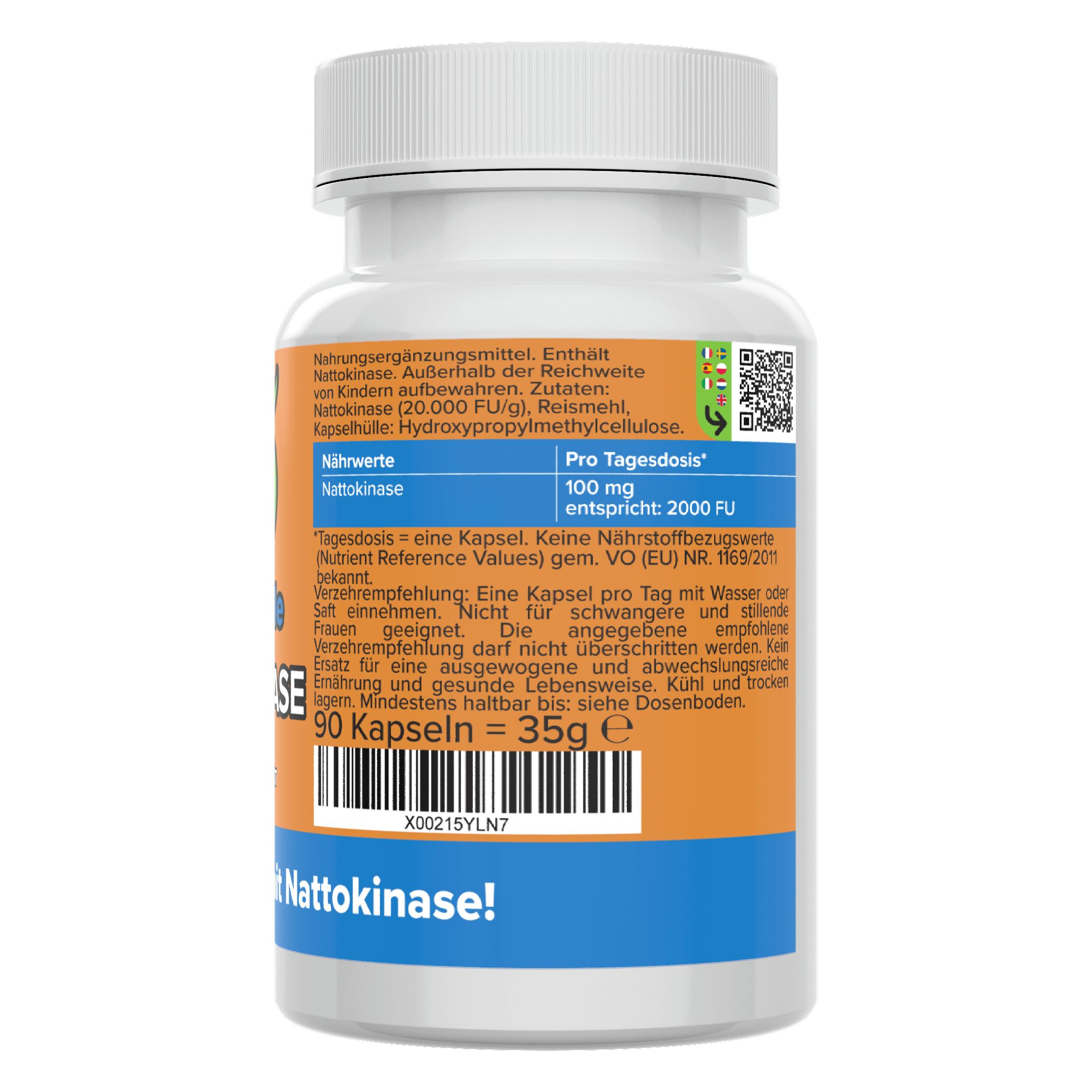 Weiße Flasche mit Nattokinase Kapseln. Orangefarbenes Etikett mit Text und QR-Code. 90 Kapseln, 35g. Text: Nattokinase!