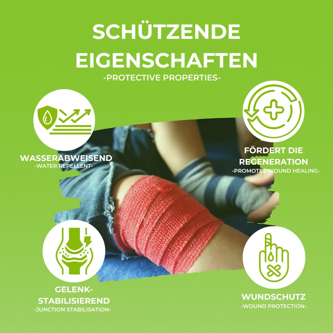 Rote, selbsthaftende Verbandrolle mit schwarzen Pfotenabdrücken, umgeben von medizinischen Artikeln und Text.