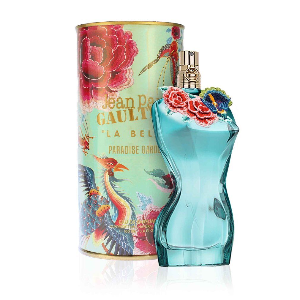 Türkisfarbener Flakon mit Blüten und Verpackung. Aufschrift: Jean Paul Gaultier La Belle Paradise Garden.