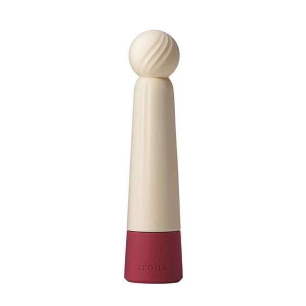 Weiß-roter Vibrator mit kugelförmigem Kopf und geriffelter Oberfläche. Der untere Teil ist rot und trägt den Schriftzug "iroha".