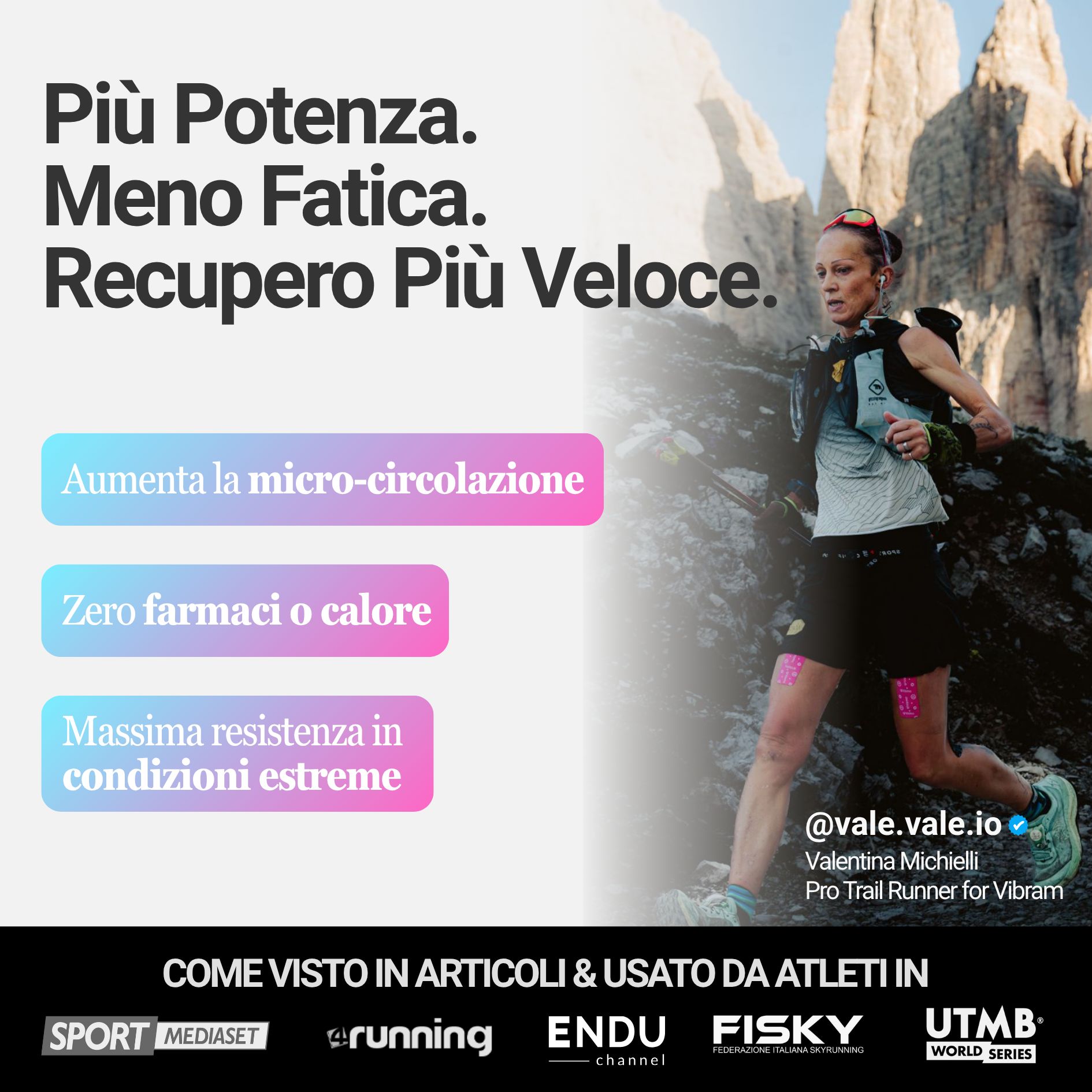 Läuferin mit Omstrip-Pflastern an den Beinen. Text: Mehr Kraft, weniger Ermüdung, schnellere Erholung. Logo: @vale.vale.io, Valentina Michieli.