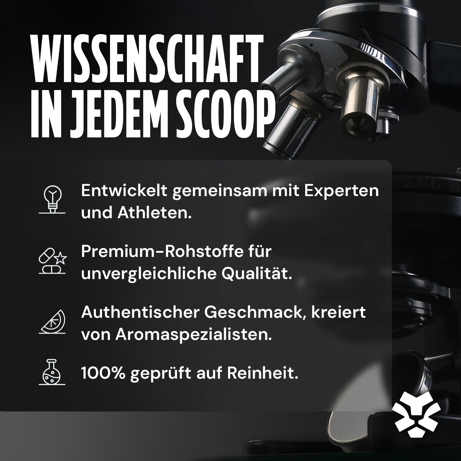 Mikroskop. Text: „WISSENSCHAFT IN JEDEM SCOOP“. Aufzählung: Experten, Premium-Rohstoffe, authentischer Geschmack, Reinheit.