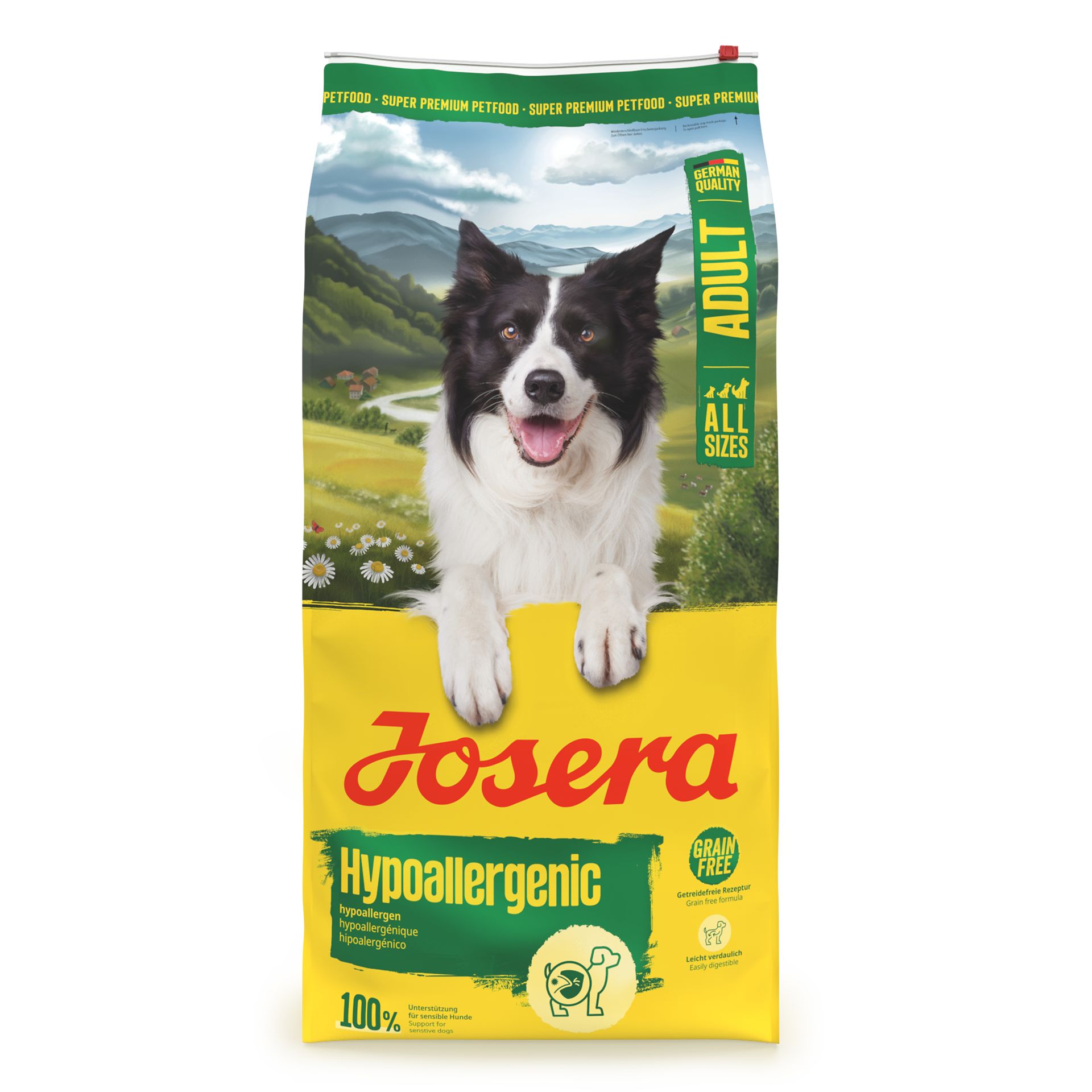 Josera Hypoallergenic Hundefutter: Getreidefrei, für alle Größen, mit Border Collie auf der Packung.