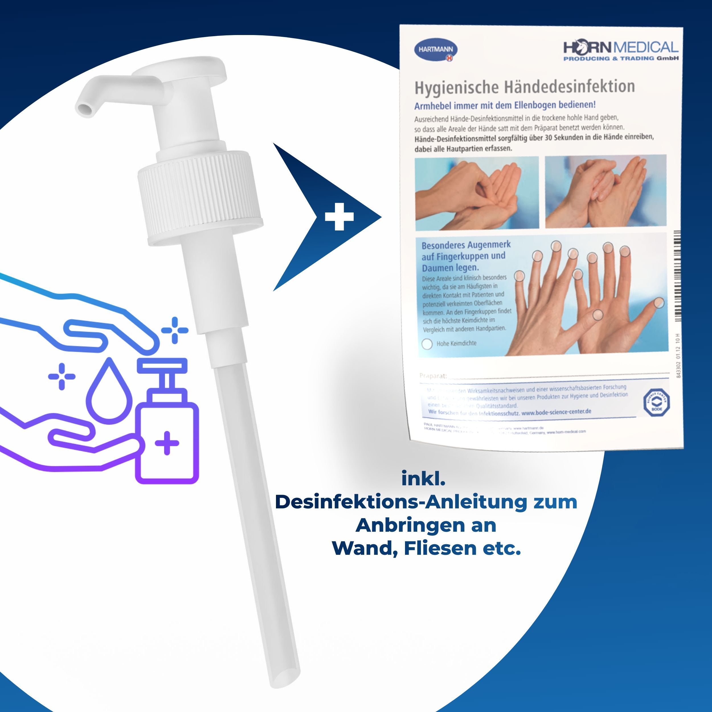Dosierpumpe mit Desinfektionsanleitung. Anleitung zur Anbringung an Wand, Fliesen etc. Text: "Hygienische Händedesinfektion".
