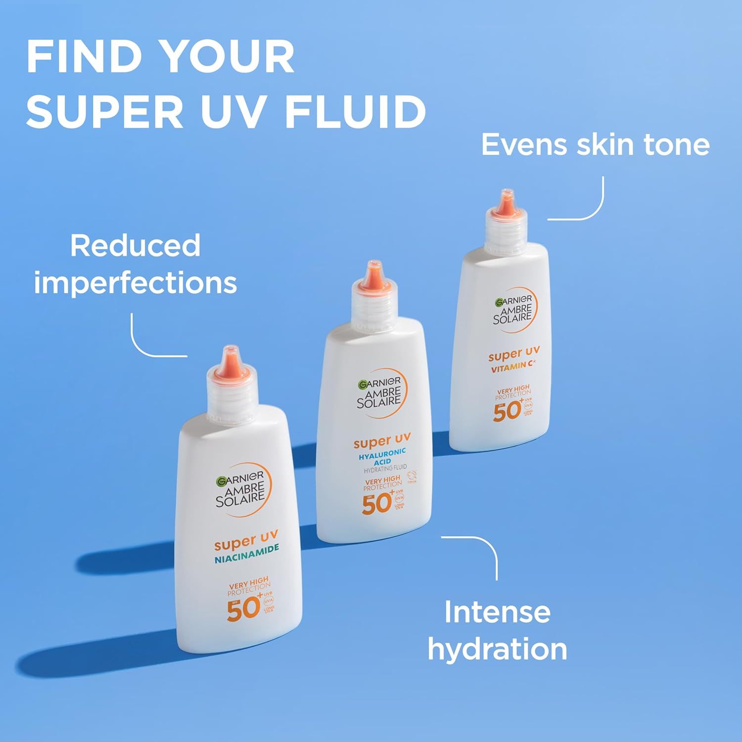 Drei Garnier Ambre Solaire Super UV Flaschen. Text: Reduzierte Unvollkommenheiten, gleicht den Hautton aus, intensive Feuchtigkeit.