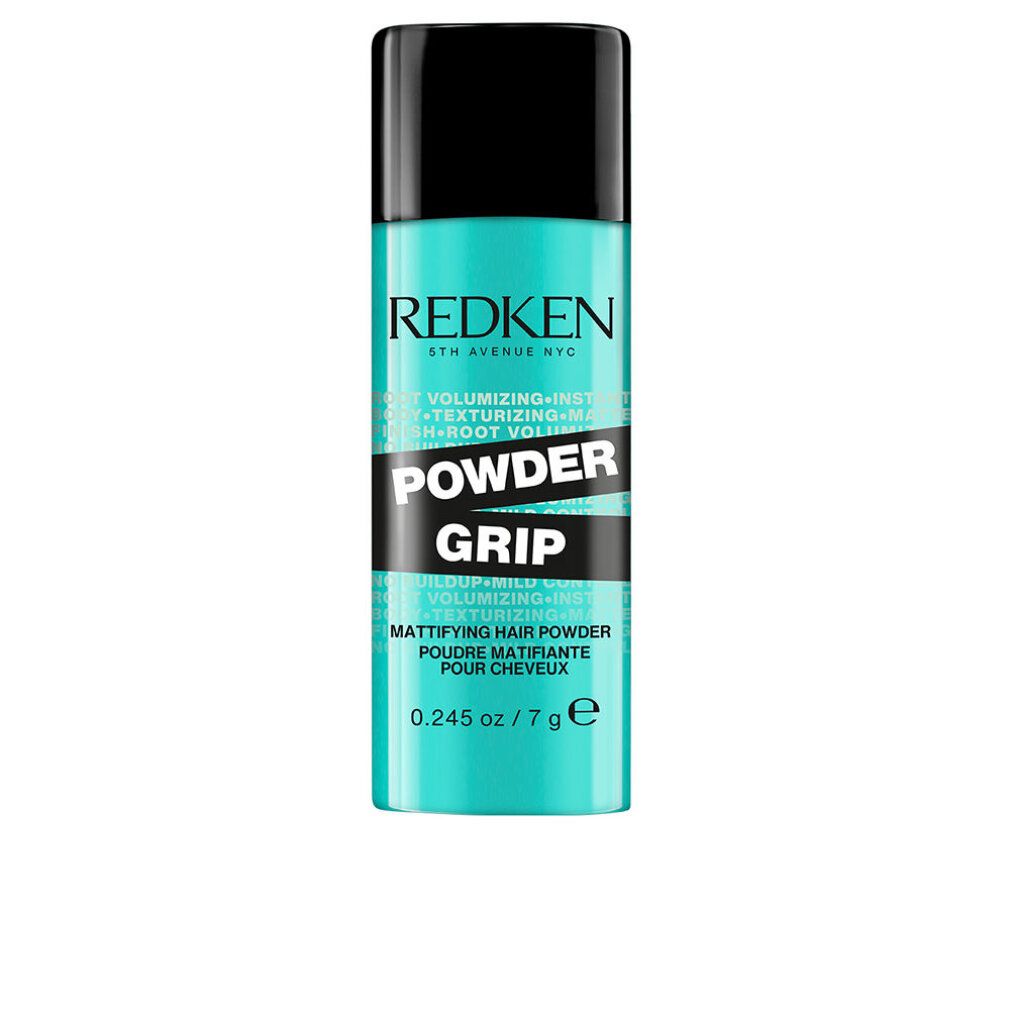 Türkisfarbene Flasche mit schwarzem Deckel. Redken Powder Grip. Text: Mattifying Hair Powder. 0.245 oz / 7 g.