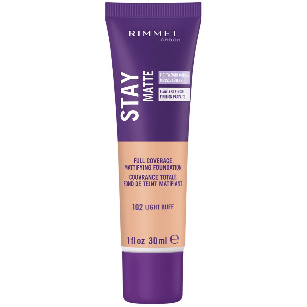 Rimmel Stay Matte Foundation. Tube mit Deckel. Lila-beige Farbgebung. Text: Stay Matte, Full Coverage, 102 Light Buff.