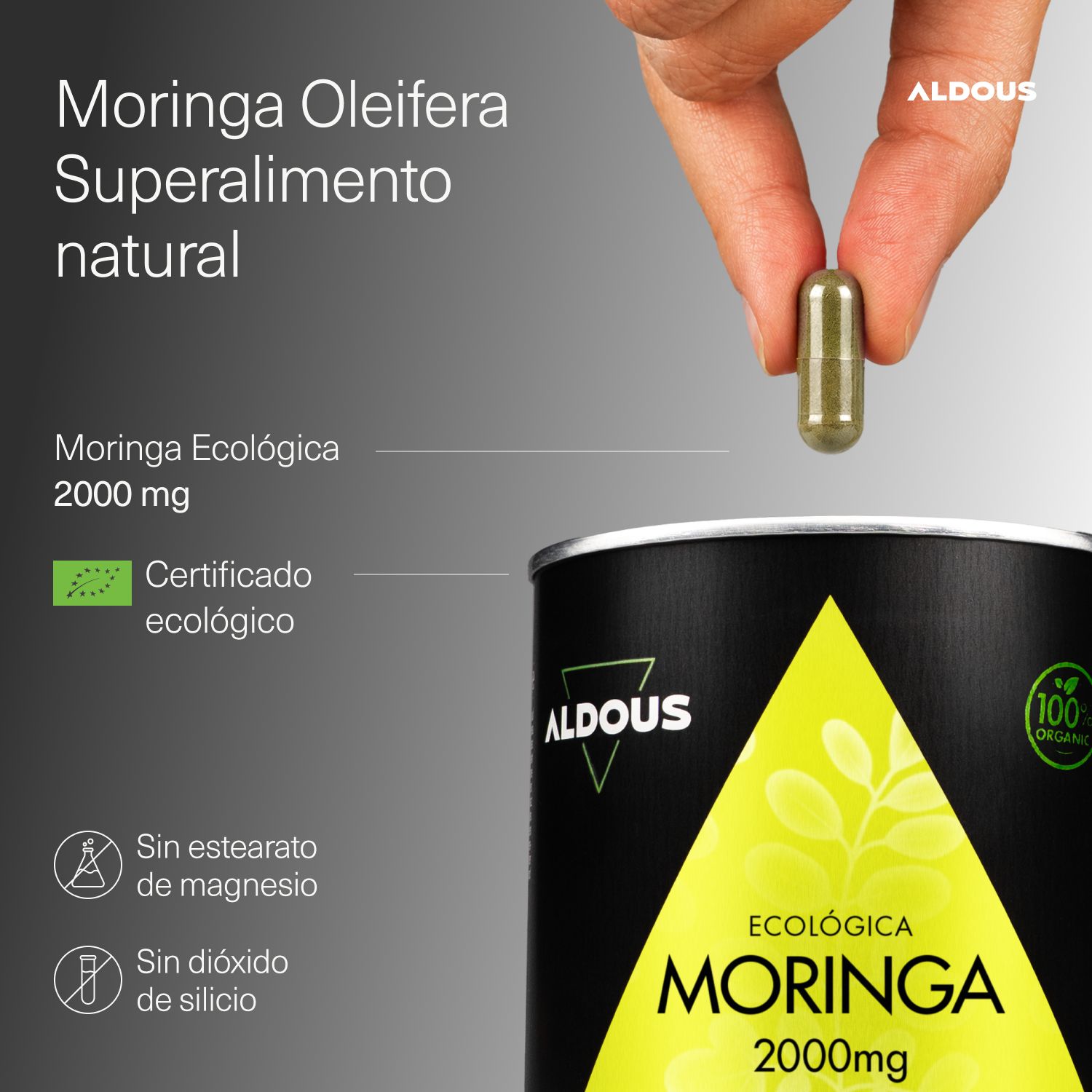 Aldous Moringa Dose, 2000mg Kapsel, Bio-Siegel, ohne Magnesiumstearat.