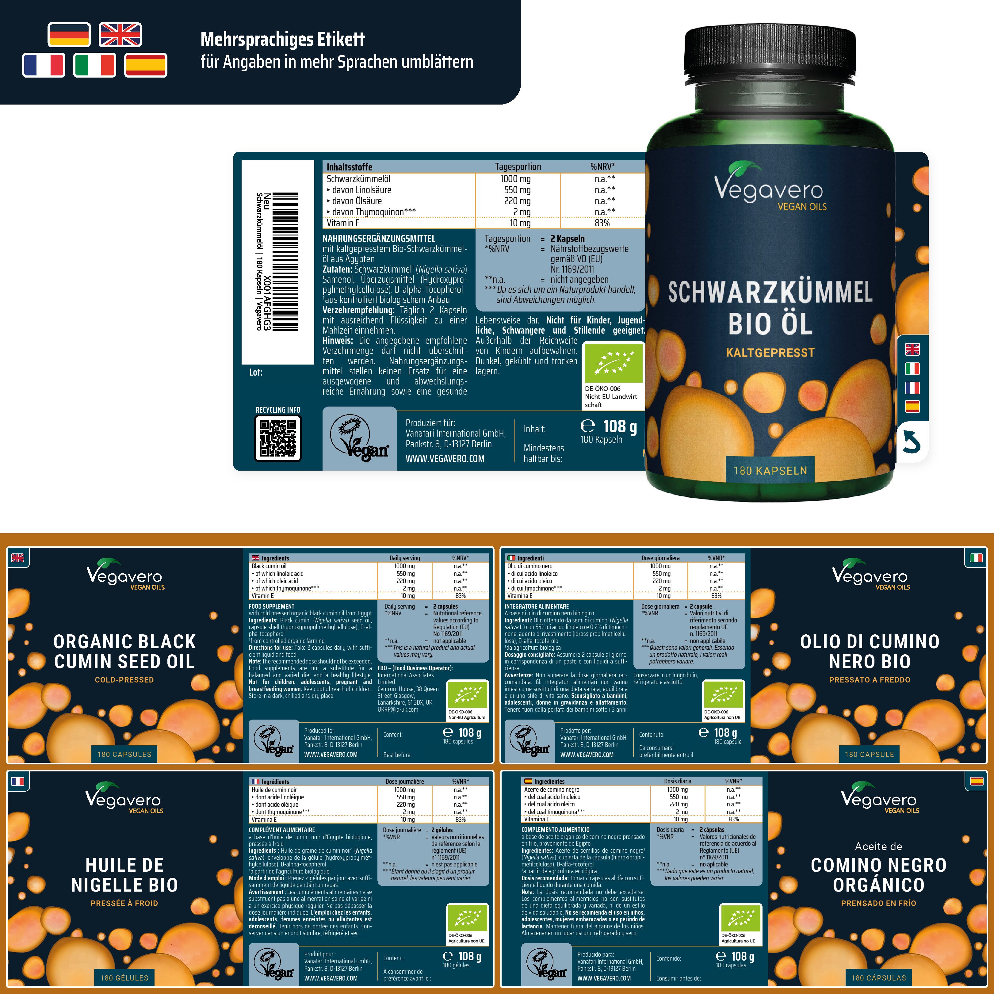 Mehrsprachiges Etikett mit Produktinformationen. Mehrere Etiketten mit VEGAVERO Schwarzkümmel BIO Öl und Inhaltsangaben.