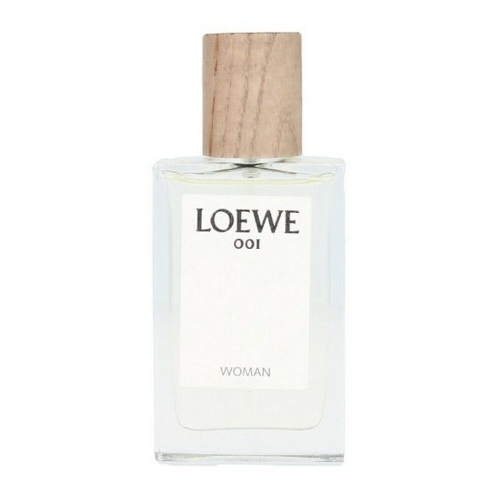 Loewe 001 Woman Eau de Parfum. Rechteckiger Glasflakon mit Holzverschluss. Weißes Etikett mit Logo und Schriftzug.