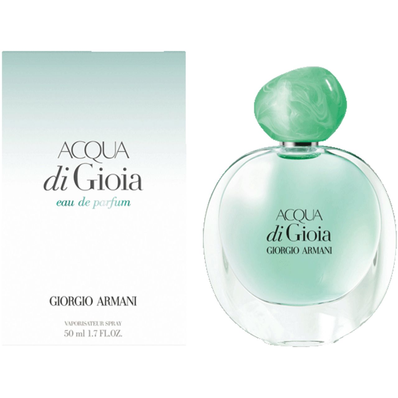 Flakon und Verpackung von ACQUA di GIOIA. Rundes Glas, grüner Deckel. Aufschrift: ACQUA di GIOIA, GIORGIO ARMANI. Verpackung daneben.
