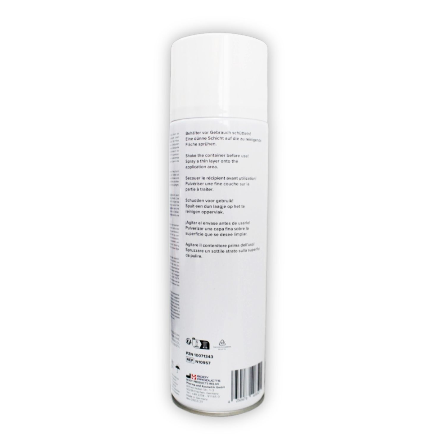 Reinigungsschaum-Dose, Rückseite. Enthält Anweisungen und Warnhinweise in mehreren Sprachen. Mit Barcode.