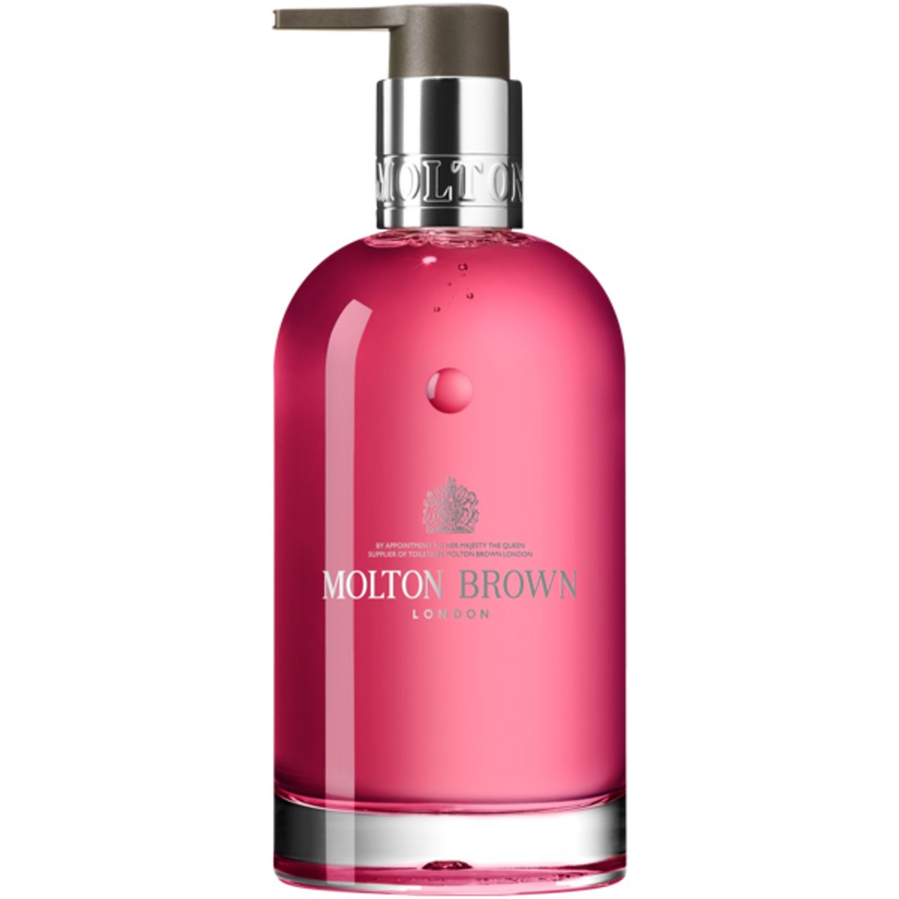Glasflasche mit pinkfarbener Flüssigkeit und silberfarbenem Pumpkopf. Aufschrift: Molton Brown London.