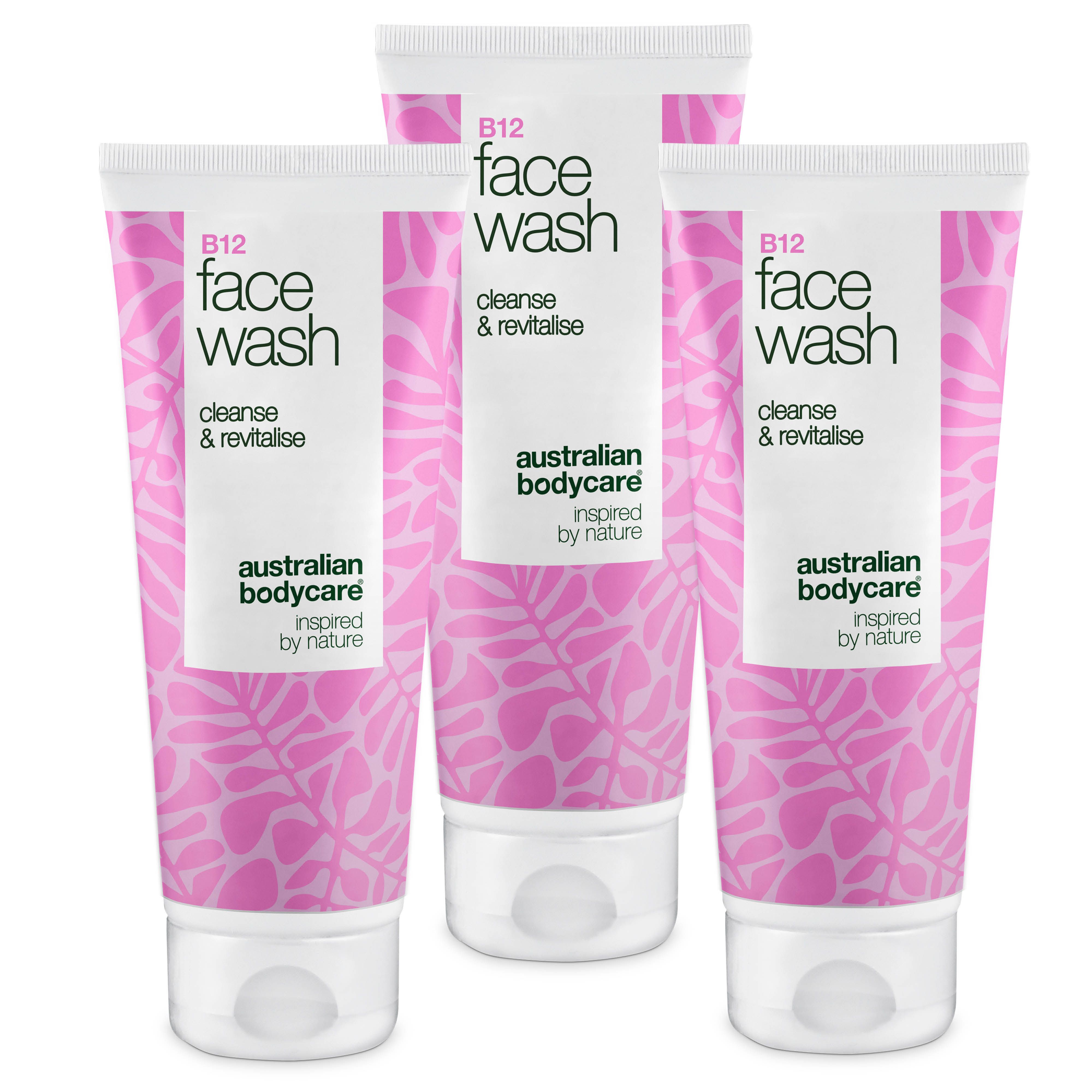 Trois tubes de nettoyant visage. Design blanc et rose. Inscription : B12 Face Wash, cleanse & revitalise, Australian Bodycare.